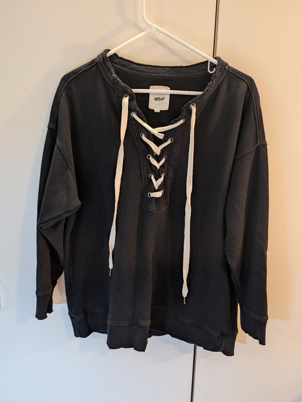 aerie Black Lace-Up Crewneck Sweater with Contrast Drawcords
